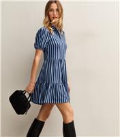 Women's Blue Crinkled Texture Striped Mini Shirt Dress New Look