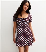 Women's Red Spot Print Crinkle Texture Milkmaid Mini Dress New Look