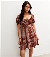 Women's Brown Scarf Print Crinkled Milkmaid Mini Dress New Look