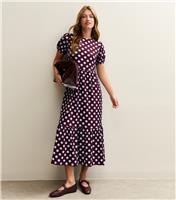 Women's Red Spot Print Crinkle Texture Bow Back Midi Dress New Look