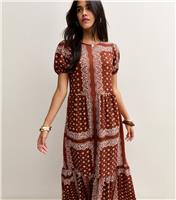 Women's Brown Scarf Print Tiered Midi Dress New Look