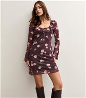 Women's Red Mesh Floral Print Scoop Neck Tie Front Mini Dress New Look