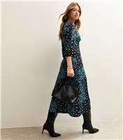 Women's Blue Rose Print Satin Tea Midi Dress New Look