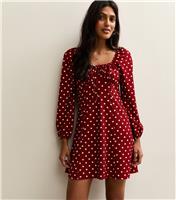 Women's Red Long Sleeve Spot Print Milkmaid Mini Dress New Look