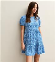 Women's Blue Floral Print Crinkle Texture Tiered Smock Mini Dress New Look