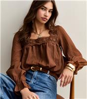 Women's Brown Lace Trimmed Long Sleeve Bubble Hem Blouse New Look