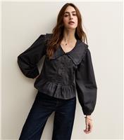 Women's Black Lace Insert Oversized Collar Shirt New Look
