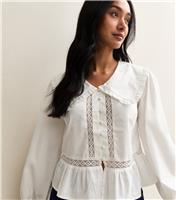 Women's White Lace Insert Oversized Collar Shirt New Look