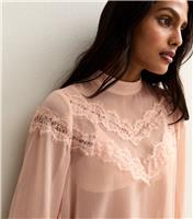 Women's Pink Chiffon Lace Trimmed High Neck Blouse New Look