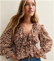 Women's Brown Floral Print V-Neck Peplum Blouse New Look