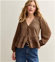 Women's Brown Gingham V-Neck Blouse New Look
