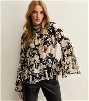 Women's Black Floral Print Chiffon High Neck Blouse New Look
