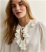 Women's Off White Ruffled Tie Neck Long Sleeve Blouse New Look