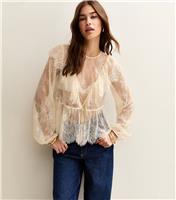 Women's White Floral Lace Long Sleeve Semi Sheer Blouse New Look