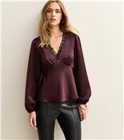 Women's Dark Burgundy Satin Lace Trim Blouse New Look