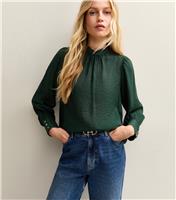 Women's Dark Green Gathered High Neck Long Sleeve Top New Look