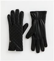 Black Faux Leather Quilted Gloves New Look
