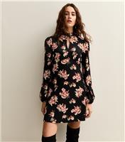 Women's Black Floral Keyhole Mini Dress New Look