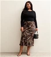 Women's Plus Size Brown Animal Print Satin Midi Skirt Curves New Look