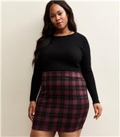 Women's Plus Size Red Jersey Check Tube Mini Skirt Curves New Look