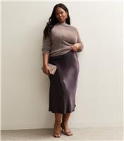 Women's Plus Size Dark Burgundy Satin Midi Skirt Curves New Look