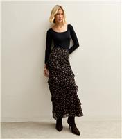 Women's Black Floral Ruffled Bias Cut Midi Skirt New Look