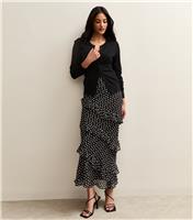 Women's Black Chiffon Polka Dot Ruffle Trimmed Midi Skirt New Look