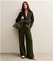 Women's Khaki Satin Drawstring Waist Wide Leg Trousers New Look