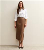 Women's Tan Faux Leather Pencil Skirt New Look