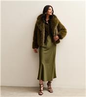 Women's Green Spot Jacquard Satin Bias Cut Midi Skirt New Look