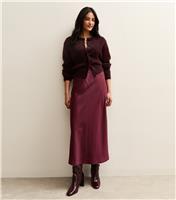 Women's Burgundy Spot Jacquard Satin Bias Cut Midi Skirt New Look