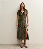 Women's Green Pattern Print Mesh Slit Hem Midi Dress New Look