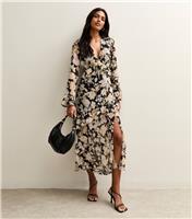 Women's Black Floral Chiffon Ruffle Trimmed Midi Dress New Look