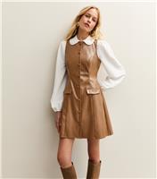 Women's Brown Faux Leather Button Through Sleeveless Mini Dress New Look
