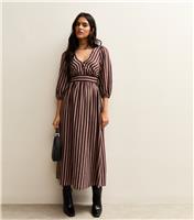 Women's Burgundy Striped V-Neck Three Quarter Sleeve Midi Dress New Look