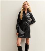 Women's Black Faux Leather Button Up Mini Shirt Dress New Look