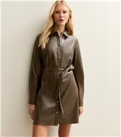 Women's Khaki Faux Leather Button Up Mini Shirt Dress New Look