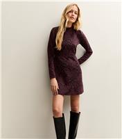 Women's Burgundy Jacquard High Neck Mini Dress New Look