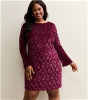 Women's Plus Size Burgundy Devore Mini Dress Curves New Look