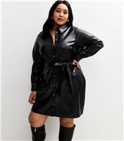 Women's Plus Size Black Faux Leather Button Up Mini Dress Curves New Look
