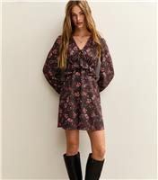 Women's Brown Floral Print Frilly Trimmed Crinkle Mini Dress New Look