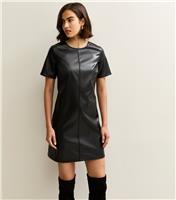 Women's Black Faux Leather Short Sleeve Mini Dress New Look