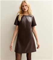 Women's Dark Brown Faux Leather Short Sleeve Mini Dress New Look