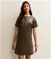 Women's Khaki Faux Leather Short Sleeve Mini Dress New Look