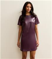 Women's Dark Burgundy Faux Leather Short Sleeve Mini Dress New Look