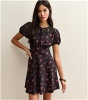 Women's Black Floral Puff Sleeve Mini Dress New Look