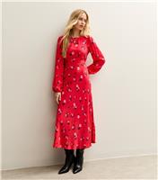 Women's Red Rose Print Midi Dress New Look
