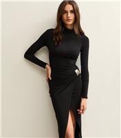 Women's Black Draped Slit Hem Jersey Midi Dress New Look