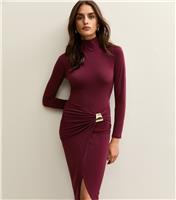 Women's Burgundy Draped Slit Hem Jersey Midi Dress New Look