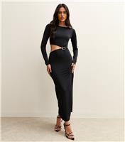 Women's Black Cut Out Buckle Detail Long Sleeve Midi Dress New Look